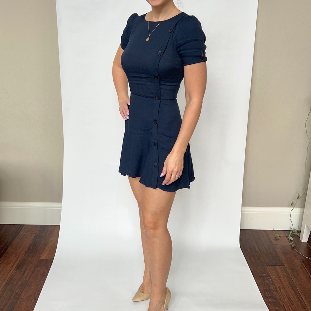 Reformation Navy Blue Mini Dress. Flared With button detail. Size 2.